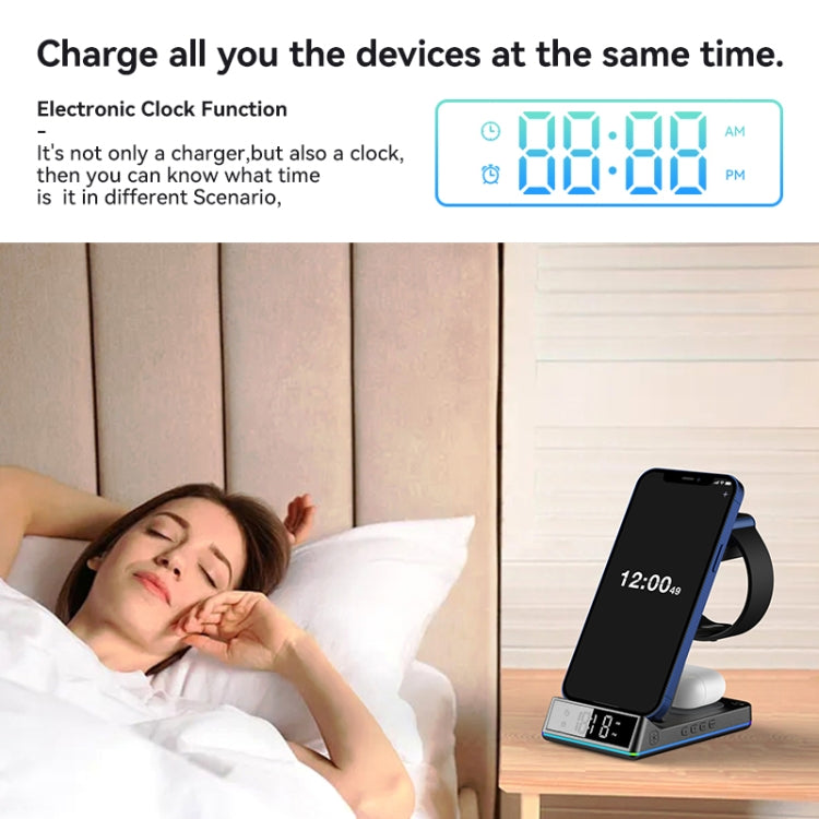 Z6 15W 5 In 1 For All Support Wireless Charging Phone & Apple Watches Multifunction Wireless Charger with Night Light Alarm Clock(Black)