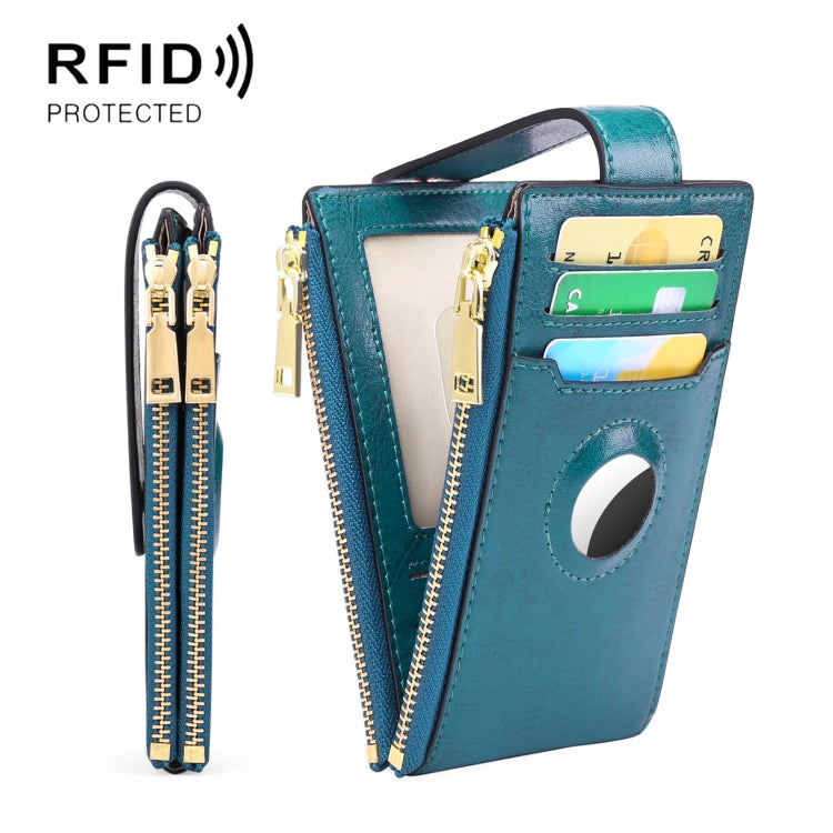 Two Layer Oil Waxed Leather Zip RFID Coin Purse Tracker Card Holder For AirTag