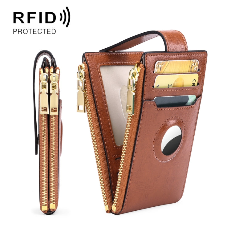 Two Layer Oil Waxed Leather Zip RFID Coin Purse Tracker Card Holder For AirTag