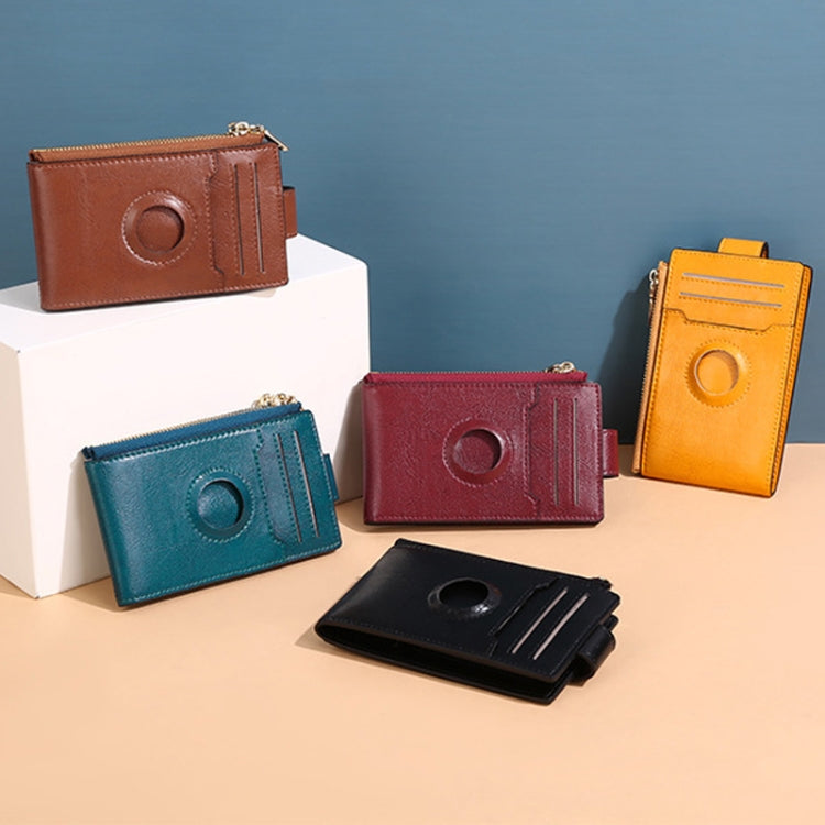 Two Layer Oil Waxed Leather Zip RFID Coin Purse Tracker Card Holder For AirTag