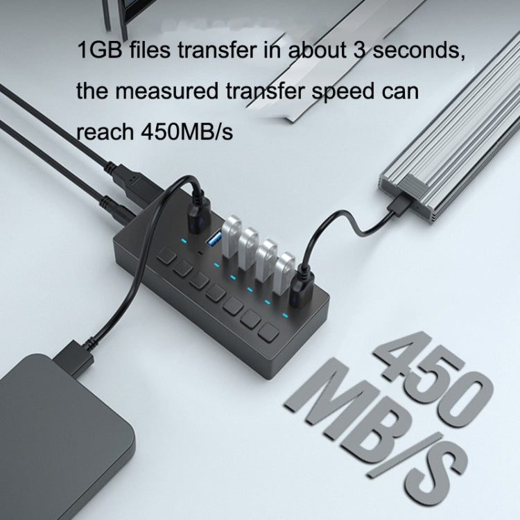 HS081 USB3.0 HUB 7 Ports Computers Separator Independent Switch Button Read Hard Disk(Black)