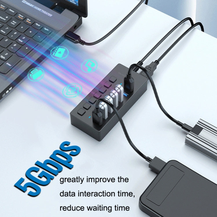 HS081 USB3.0 HUB 7 Ports Computers Separator Independent Switch Button Read Hard Disk(Black)