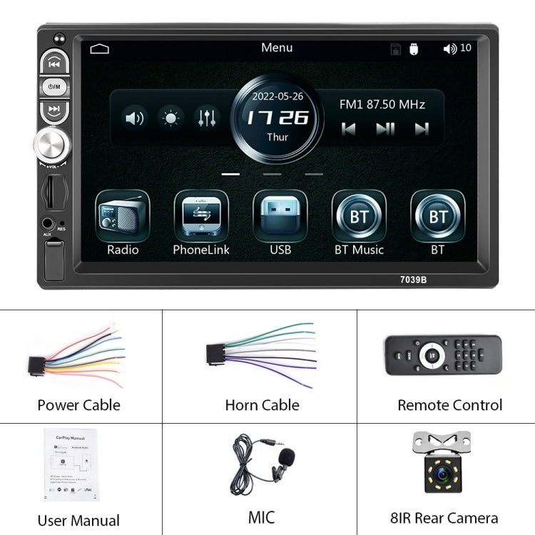A3061 7 Inches MP5 Bluetooth Player Universal Wired CarPlay Reversing Image Integrated, Style: Standard+8 Lights Camera