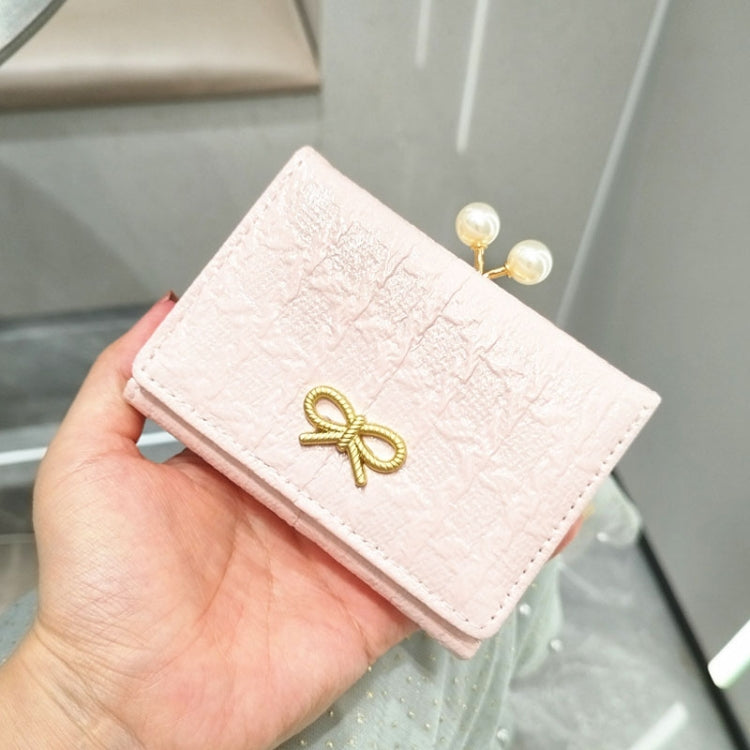 Ruched Textured Bow Pearl Clip Tri-Fold Short Wallet
