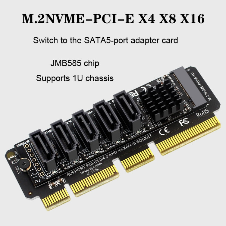 M.2NVME-PCIE X4 / X8 / X16 Rotor SATA5 Port Transfer Card JMB585 Chip