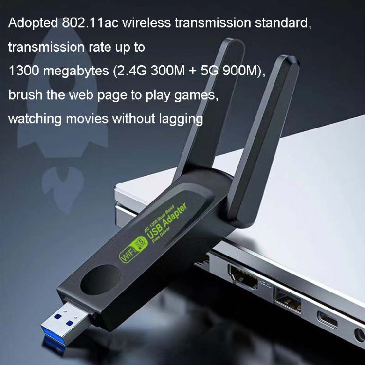 1300Mbps Wireless Network Card Gigabit Dual Band 5G Driverless Computer USB Network Card, Scope: