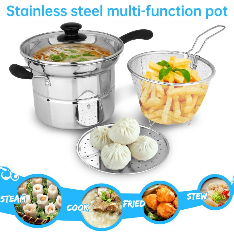 Stainless Steel 22CM Multi-function Deep-fried Cooking Pot Kitchenware Set, Style:Double Bottom