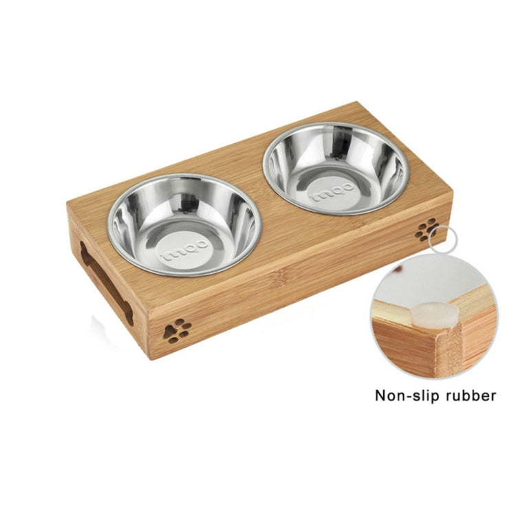 Cat Dog Pet Stainless Steel Feeding and Drinking Bowls Combination With Bamboo Frame, Size:S