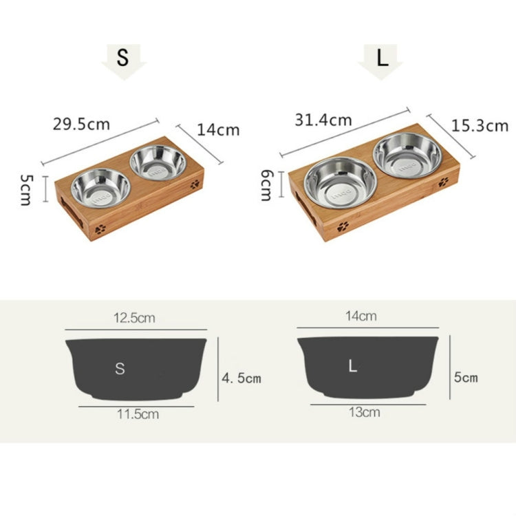 Cat Dog Pet Stainless Steel Feeding and Drinking Bowls Combination With Bamboo Frame, Size:S