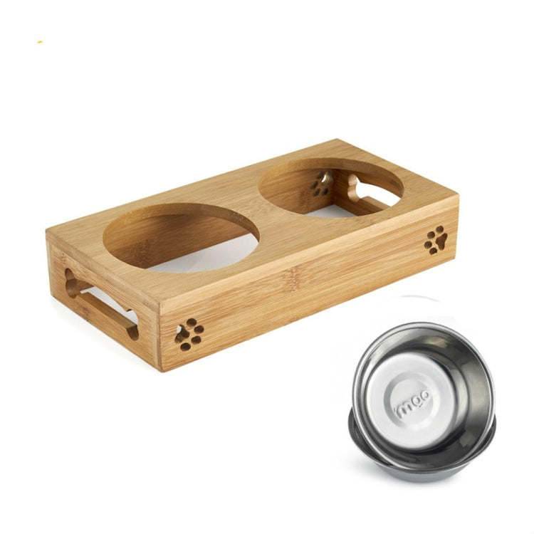Cat Dog Pet Stainless Steel Feeding and Drinking Bowls Combination With Bamboo Frame, Size:S