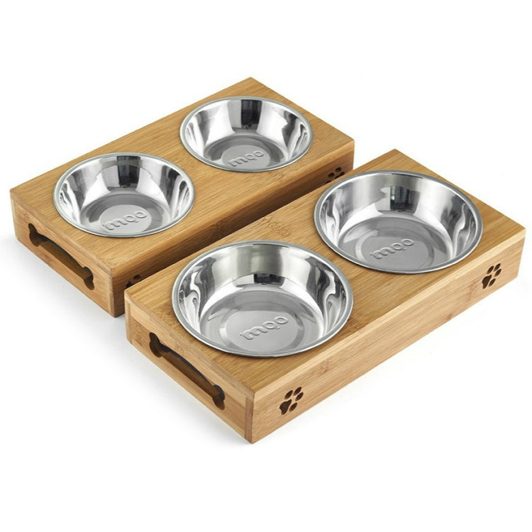 Cat Dog Pet Stainless Steel Feeding and Drinking Bowls Combination With Bamboo Frame, Size:S