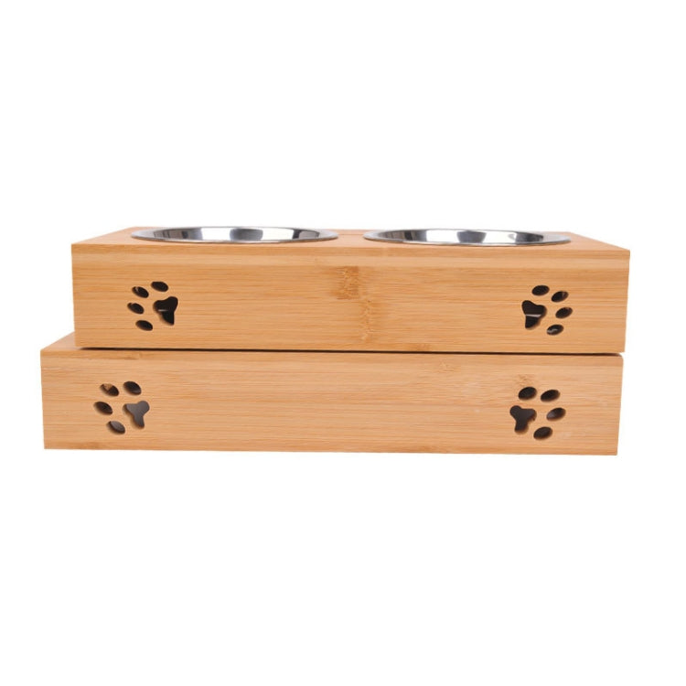 Cat Dog Pet Stainless Steel Feeding and Drinking Bowls Combination With Bamboo Frame, Size:S