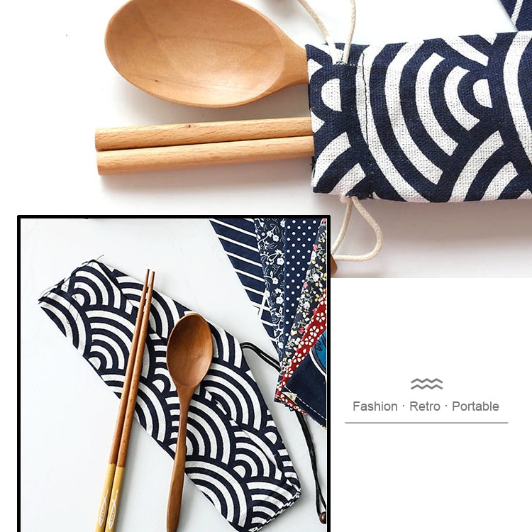 Cotton Linen Tableware Straw Bag Portable Beam Mouth Bag for Traveling, Style:Side Open Wave