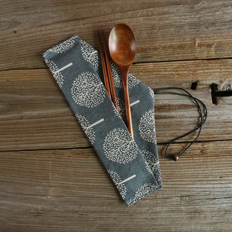 Cotton Linen Tableware Straw Bag Portable Beam Mouth Bag for Traveling, Style:Side Opening Simple Tree