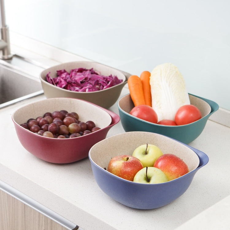 3 PCS Home Kitchen Double Layer Wheat Straw Fruit Vegetable Drain Basket