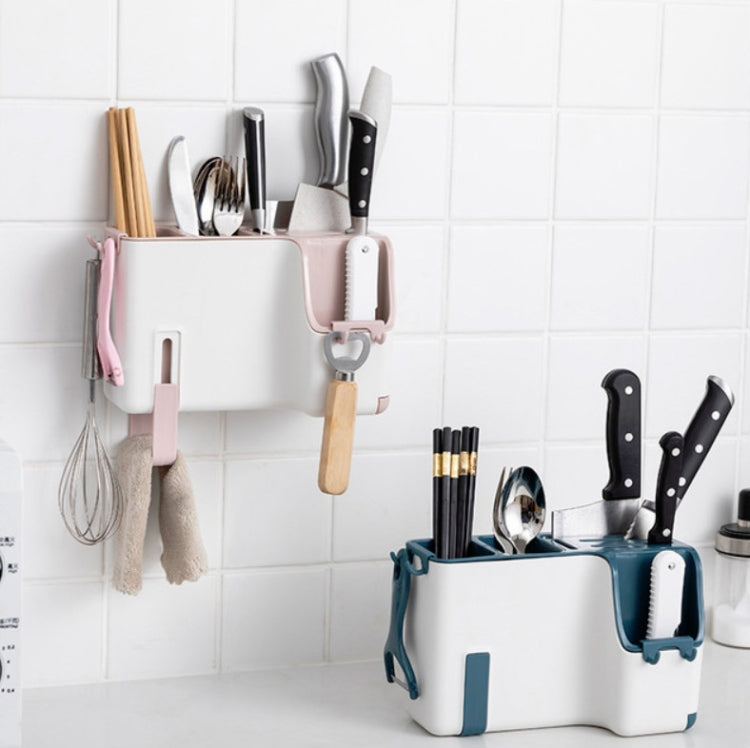 Multifunctional Wall-mounted Chopstick Drain Tube Household Tableware Knife Holder Storage Box(Blue)