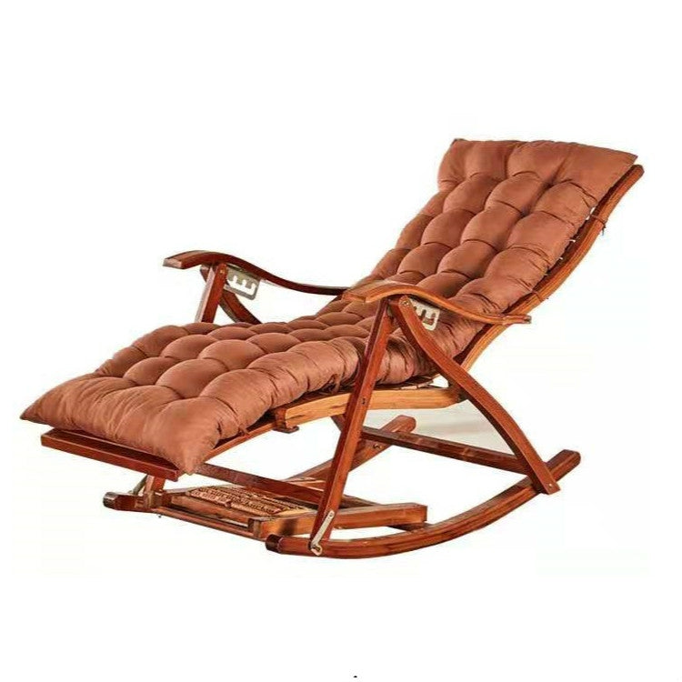 Rocking Chair Adult Folding Lunch Break Easy Chair Living Room Napping Bed Home Balcony Leisure Old Bamboo Chair, Color:Coffee With Long Cushion