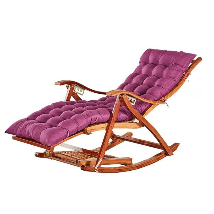 Rocking Chair Adult Folding Lunch Break Easy Chair Living Room Napping Bed Home Balcony Leisure Old Bamboo Chair, Color:Purple With Long Cushion