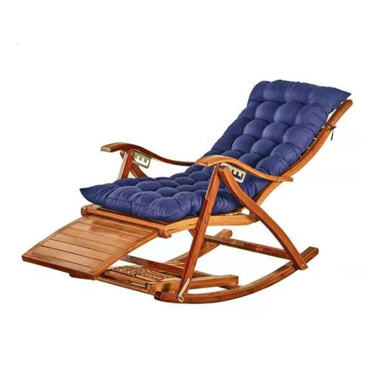 Rocking Chair Adult Folding Lunch Break Easy Chair Living Room Napping Bed Home Balcony Leisure Old Bamboo Chair, Color:Blue With Short Cushion