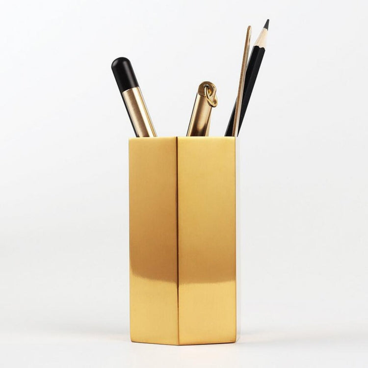 Home Office Hexagon Gold Flower Vase Pen Holder Desktop Storage Container