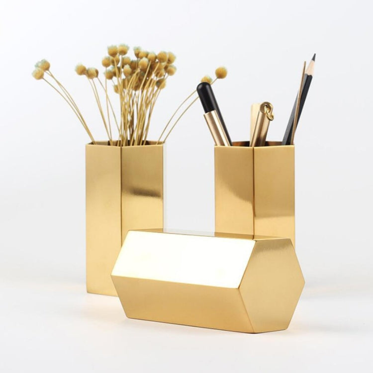 Home Office Hexagon Gold Flower Vase Pen Holder Desktop Storage Container