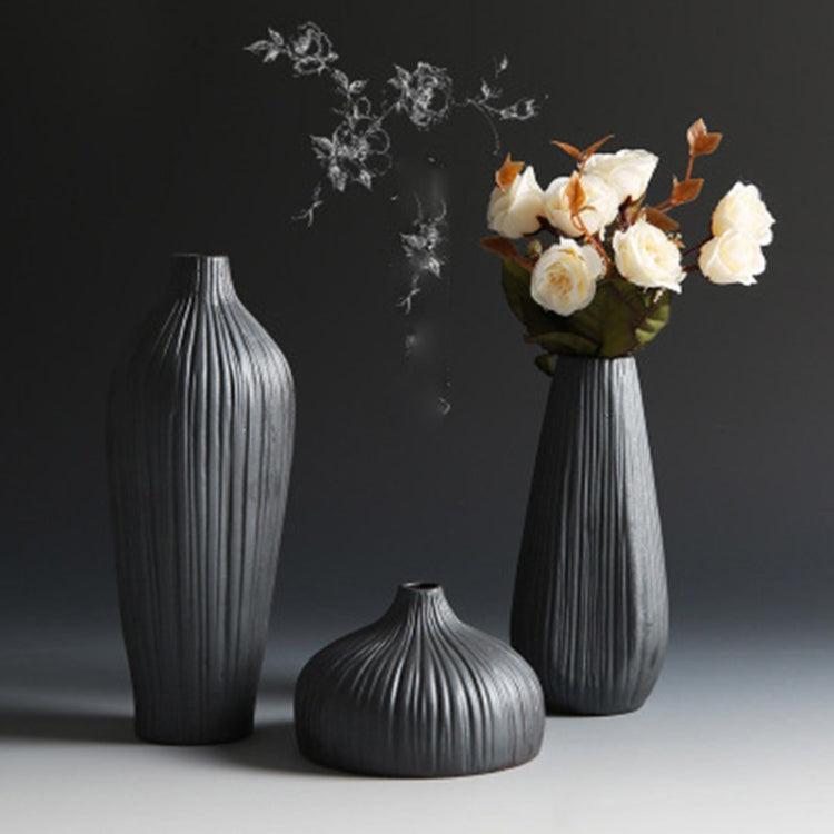 Black Ceramic Vase Retro Vase Container Gradient Handmade Ceramic Vase, Style:Full Bottle