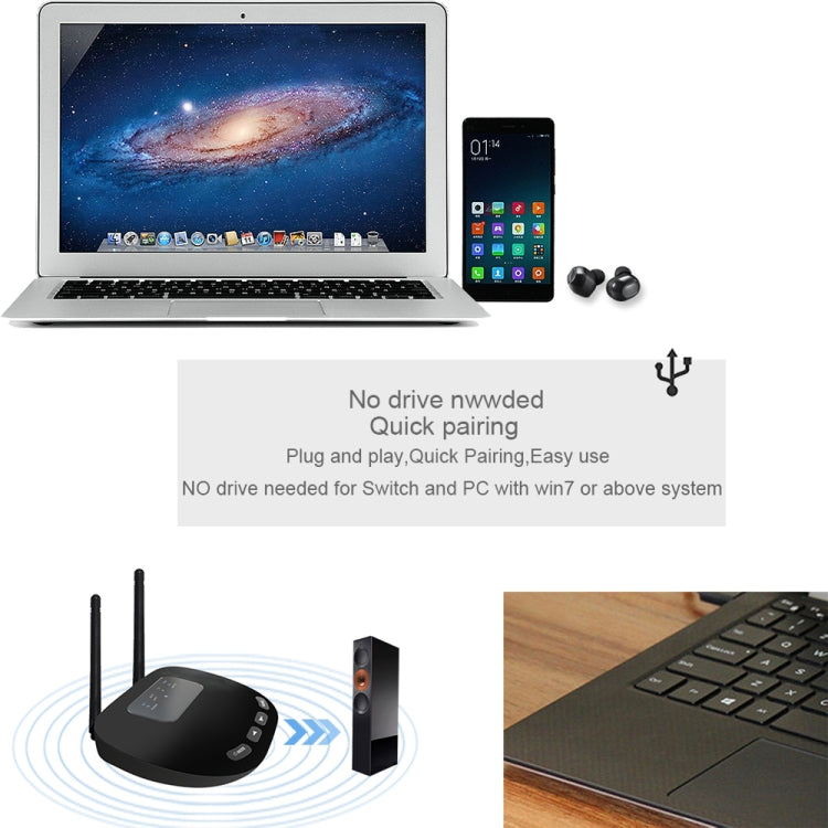 B28 2 in 1 Dual Antenna Style Bluetooth 5.0 Audio Adapter Transmitter Receiver, Support Optical Fiber & AUX & LED Indicator
