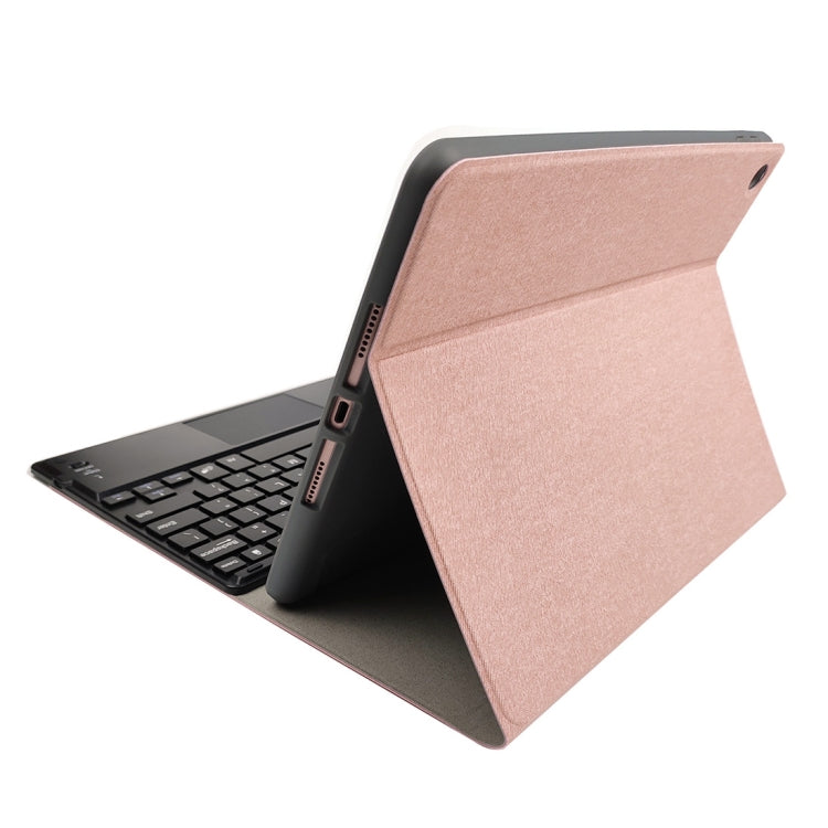 RK102C Detachable Magnetic Plastic Bluetooth Keyboard with Touchpad + Silk Pattern TPU Tablet Case for iPad 10.2, with Pen Slot & Bracket