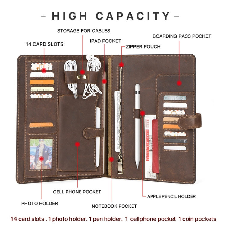 CF2012 For iPad Pro 11 / 10.5 inch Retro Crazy Horse Texture Buckle Multifunctional Tablet PC Protective Leather Case with Photo Holder & Mobile Phone / Notebook / Coin Pockets & Card Slots & Pen Slot