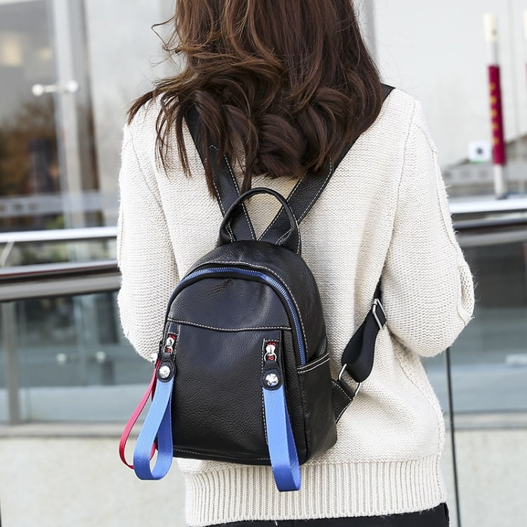 Solid Color Casual Shoulder Bag Litchi PU Leather Soft Backpack Bag (Black)
