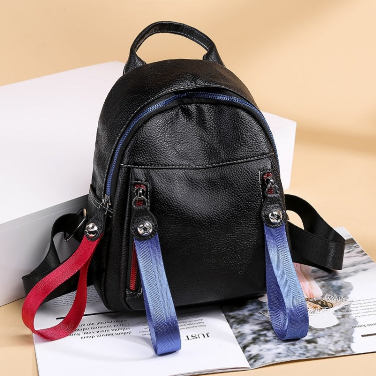 Solid Color Casual Shoulder Bag Litchi PU Leather Soft Backpack Bag (Black)