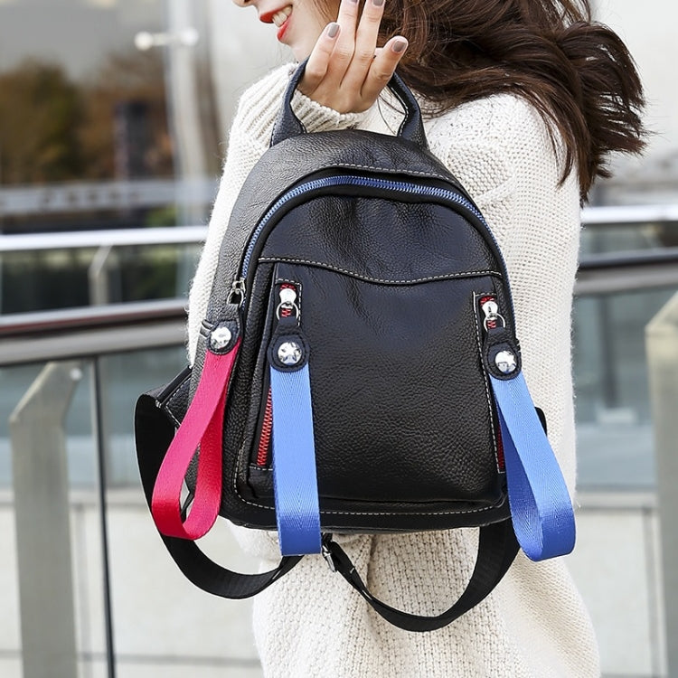 Solid Color Casual Shoulder Bag Litchi PU Leather Soft Backpack Bag (Black)