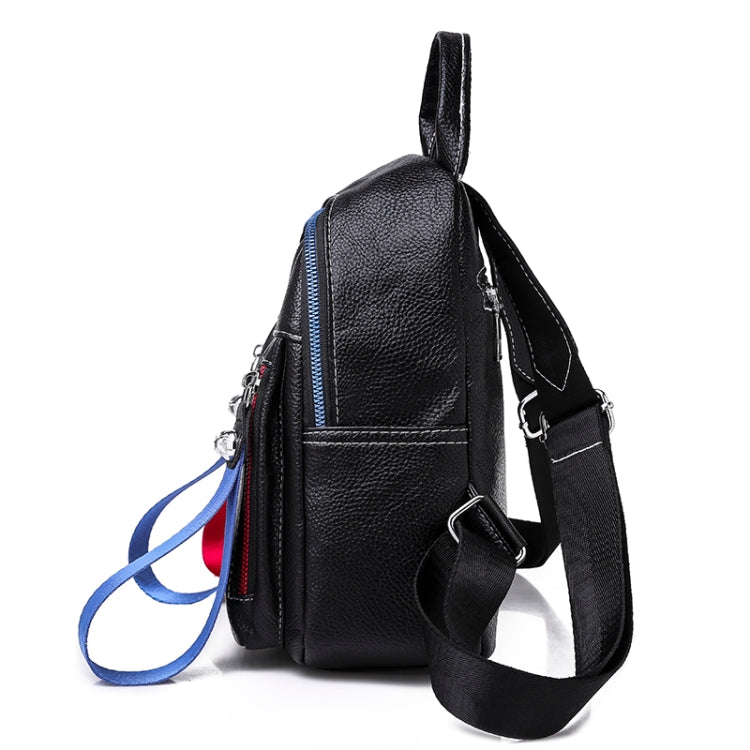 Solid Color Casual Shoulder Bag Litchi PU Leather Soft Backpack Bag (Black)