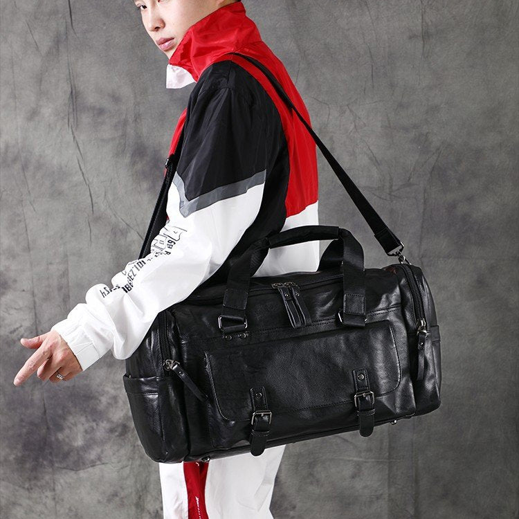 Soft PU Leather Shoulder Travel Bag Sports Gym Yoga Handbag (Black)