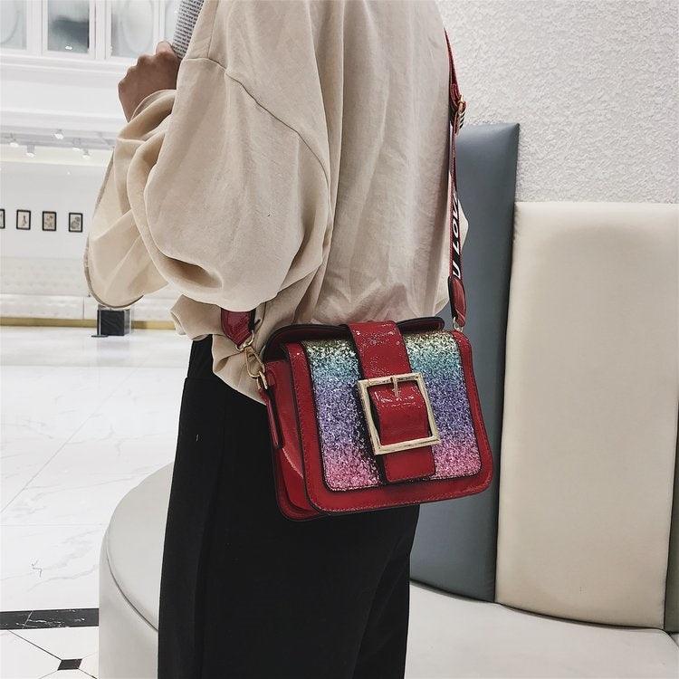 Casual PU Leather Rainbow Sequin Shoulder Bag Ladies Handbag (Red)