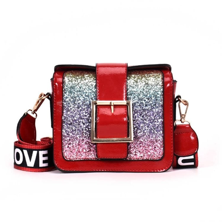Casual PU Leather Rainbow Sequin Shoulder Bag Ladies Handbag (Red)