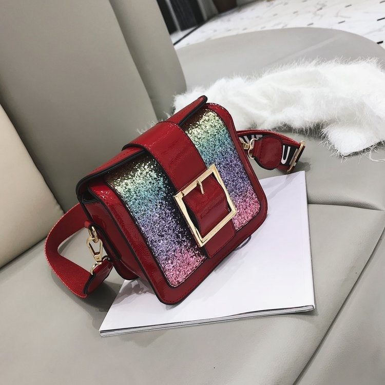 Casual PU Leather Rainbow Sequin Shoulder Bag Ladies Handbag (Red)