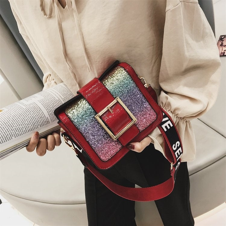 Casual PU Leather Rainbow Sequin Shoulder Bag Ladies Handbag (Red)
