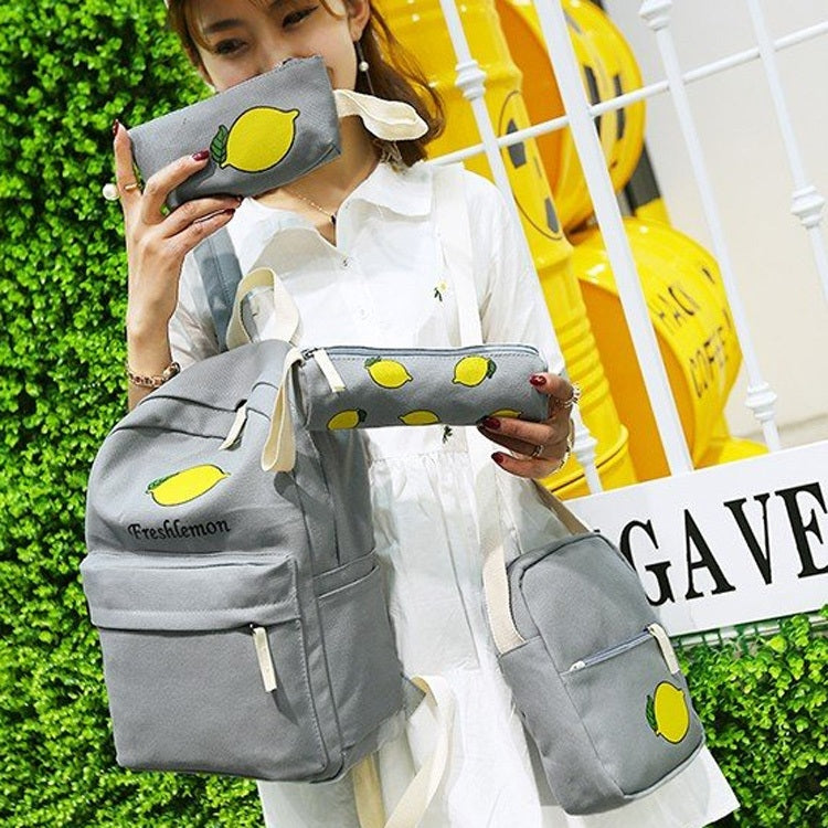 4 in 1 Lemon Pattern Canvas Double Shoulders School Bag Travel Backpack Bag