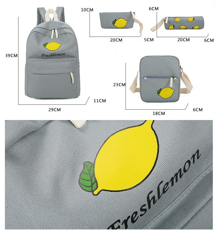 4 in 1 Lemon Pattern Canvas Double Shoulders School Bag Travel Backpack Bag