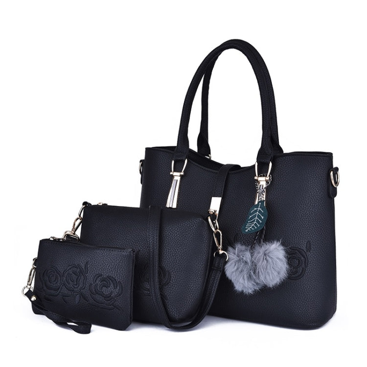 3 in 1 Embroidery Rose Pattern PU Shoulder Bag Ladies Handbag Messenger Bag with Plush Ball