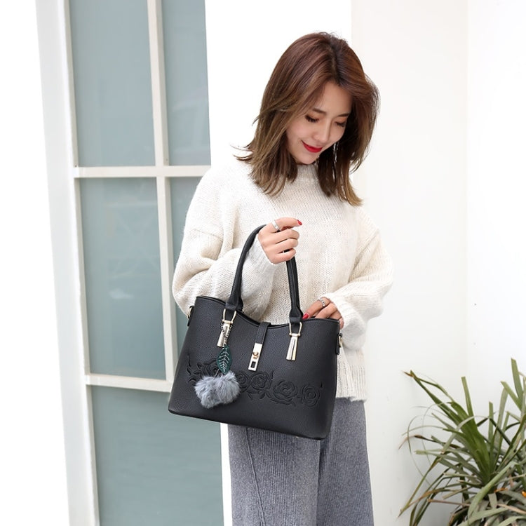 3 in 1 Embroidery Rose Pattern PU Shoulder Bag Ladies Handbag Messenger Bag with Plush Ball