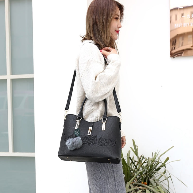 3 in 1 Embroidery Rose Pattern PU Shoulder Bag Ladies Handbag Messenger Bag with Plush Ball