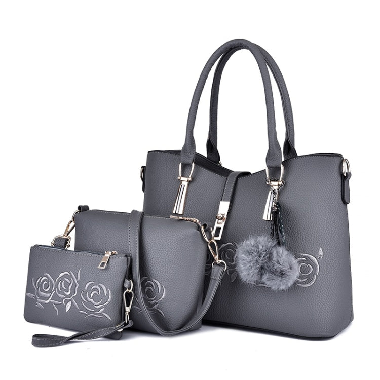 3 in 1 Embroidery Rose Pattern PU Shoulder Bag Ladies Handbag Messenger Bag with Plush Ball