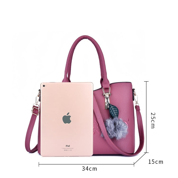 3 in 1 Embroidery Rose Pattern PU Shoulder Bag Ladies Handbag Messenger Bag with Plush Ball