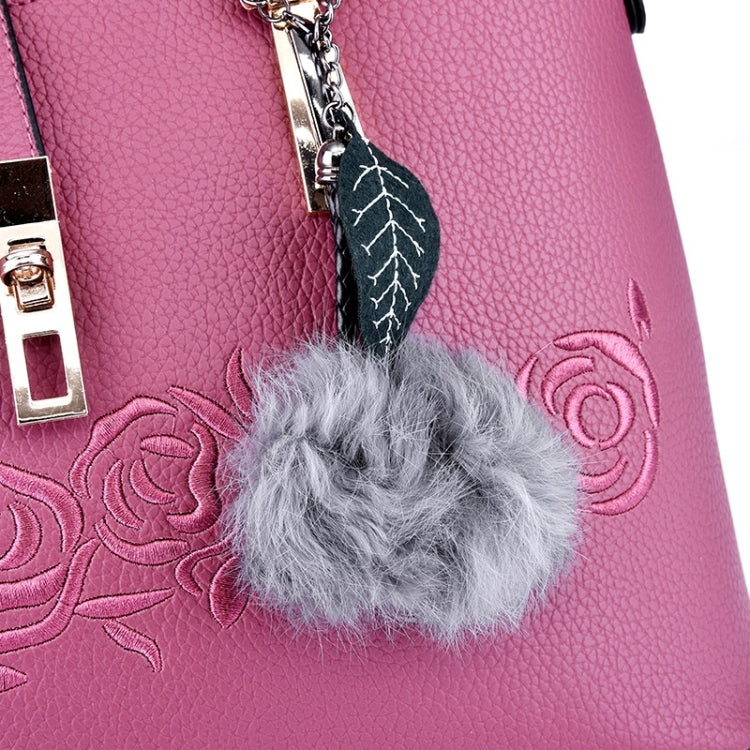 3 in 1 Embroidery Rose Pattern PU Shoulder Bag Ladies Handbag Messenger Bag with Plush Ball