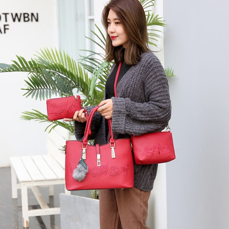 3 in 1 Embroidery Rose Pattern PU Shoulder Bag Ladies Handbag Messenger Bag with Plush Ball