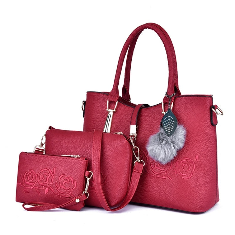 3 in 1 Embroidery Rose Pattern PU Shoulder Bag Ladies Handbag Messenger Bag with Plush Ball