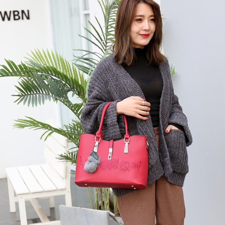 3 in 1 Embroidery Rose Pattern PU Shoulder Bag Ladies Handbag Messenger Bag with Plush Ball