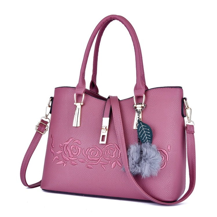 3 in 1 Embroidery Rose Pattern PU Shoulder Bag Ladies Handbag Messenger Bag with Plush Ball